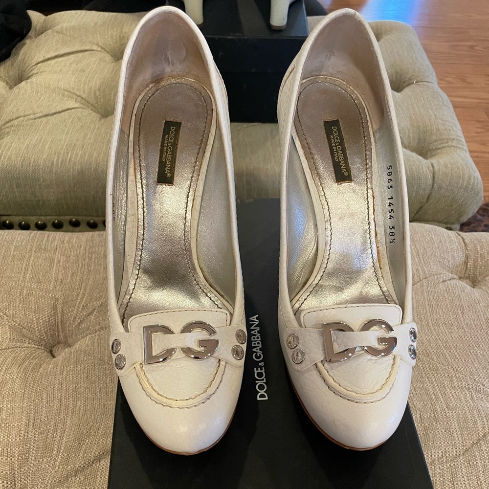 Dolce & Gabbana White Leather Logo Detail Wedge Pumps Size 38.5